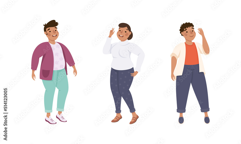 Plus Size Man and Woman Standing and Smiling Accepting Their Physical Body Vector Set Plus Size Man and Woman Standing and Smiling Accepting Their Physical Body Vector Set