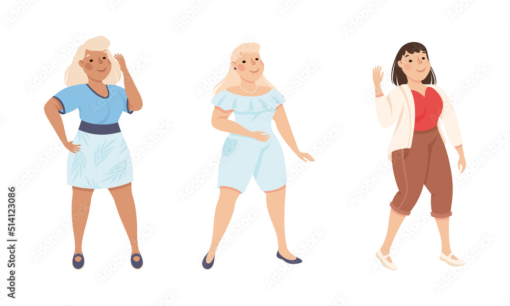 Plus Size Woman Standing and Smiling Accepting Their Physical Body Vector Set