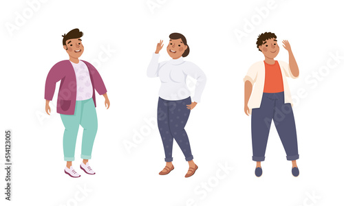 Plus Size Man and Woman Standing and Smiling Accepting Their Physical Body Vector Set © topvectors