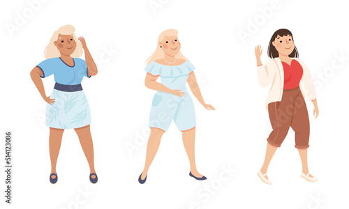 Plus Size Woman Standing and Smiling Accepting Their Physical Body Vector Set