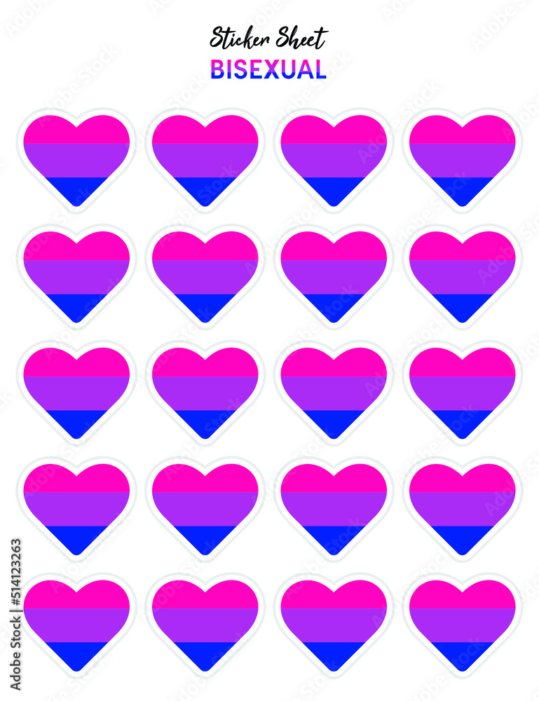 Set of pride flat design, bisexual flags in the shape of a hearts. Hearts shaped sticker icon sign and LEBT symbols.