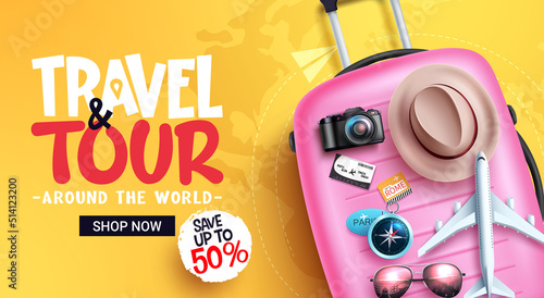 Travel sale vector banner design. Travel and tour text in price discount with luggage travelling element for around the world flight offer sale. Vector illustration.
