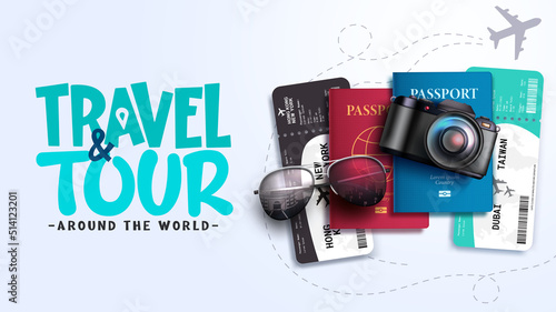 Travel worldwide vector background design. Travel and tour text with camera, tickets and sunglasses tourist elements for vacation explore and adventure. Vector illustration.
