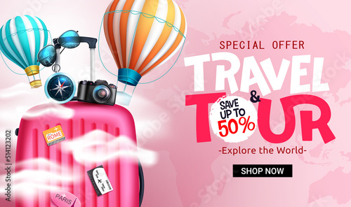 Travel sale vector banner design. Travel and tour special offer text with price discount in map and travelling elements background for vacation package promotion ads. Vector illustration.
