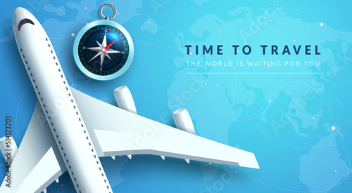 Travel time vector background design. Time to travel text with 3d airplane and compass elements in creative blue map for worldwide travelling. Vector illustration.
