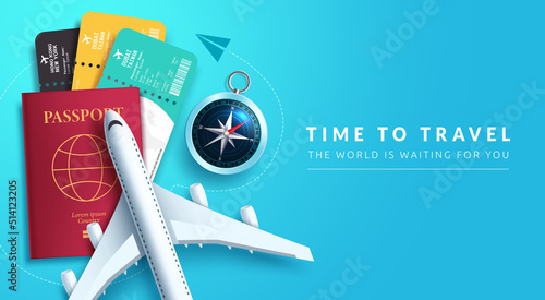 Travel time vector background design. Time to travel text in blue space with 3d tourist elements of airplane, passport and tickets for around the world travelling. Vector illustration.

