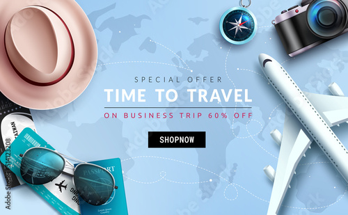 Travel sale vector banner design. Time to travel text with special offer price discount with airplane and travelling elements for business trip flight package promotion. Vector illustration.
