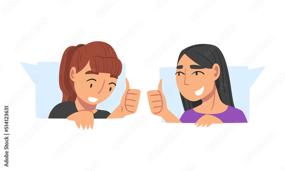 Female as Social Media Follower and Subscriber Showing Adoration with Thumb Up Vector Set Female as Social Media Follower and Subscriber Showing Adoration with Thumb Up Vector Set