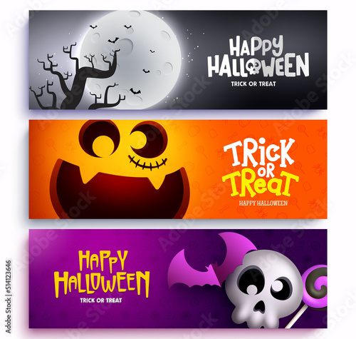 Halloween vector background set design. Happy halloween trick or treat text with pumpkin, skull and night yard horror collection for trick or treat night celebration. Vector illustration. 