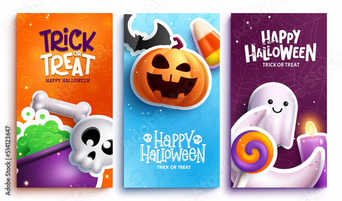 Halloween vector poster set design. Happy halloween text with characters of pumpkins, skull and ghost for spooky trick or treat collection. Vector illustration.
