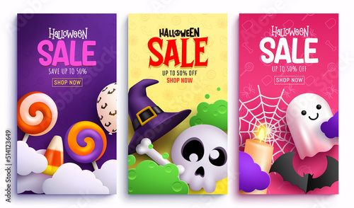 Halloween sale vector poster set. Halloween sale text with seasonal price discount offer for trick or treat advertisement promotion. Vector illustration.
