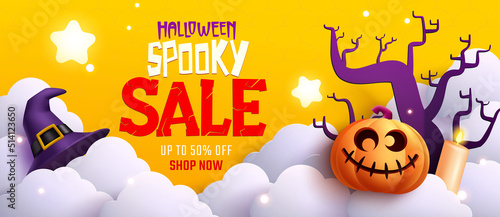 Halloween sale vector banner design. Halloween sale text with price discount offer for trick or treat holiday clearance promo ads. Vector illustration.
