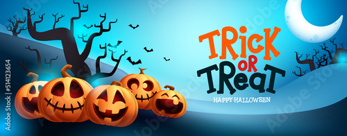 Halloween celebration vector design. Trick or treat text with jack o pumpkin characters in night spooky yard element for halloween celebration. Vector illustration.
