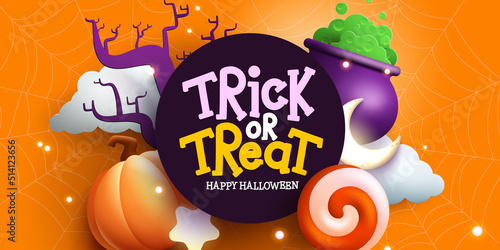 Halloween celebration vector concept design. Trick or treat text in circle template with halloween object elements for scary celebration messages. Vector illustration.
