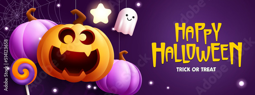 Halloween celebration vector design. Happy halloween greeting text with jack o pumpkin character and spooky treat or trick elements for party celebration. Vector illustration. 