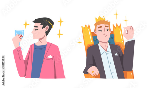 Rich and Wealthy Man Character Sitting on Golden Throne with Crown and Drinking Wine Vector Set