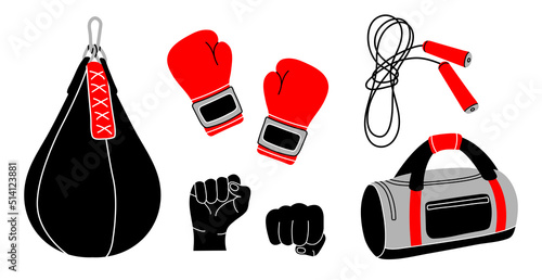 Boxing equipment elements in modern flat line style. Hand drawn sport inventory, mixed martial arts illustrations. Healthy lifestyle. Punching bag, sport bag, jumping rope, fist, boxing gloves