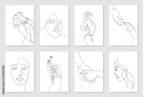 Set of 8 wall art posters. Single line drawn young woman figure, body, beauty face, barely touching hands, minimalistic. Dynamic continuous one line graphic vector design isolated on white.