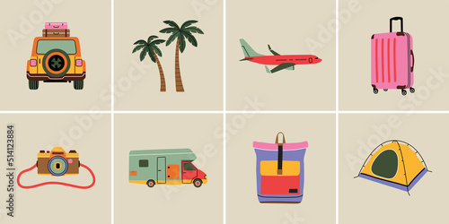 Set of travel element in modern flat line style: van, plane, baggage, palm tree etc. Hand drawn vector illustration of leisure, vacation, road trip cartoon design. Vintage holiday patch, badge, emblem