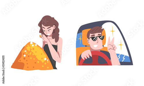 Rich and Wealthy Man and Woman Character Driving Car and Watching Golden Coin Vector Set