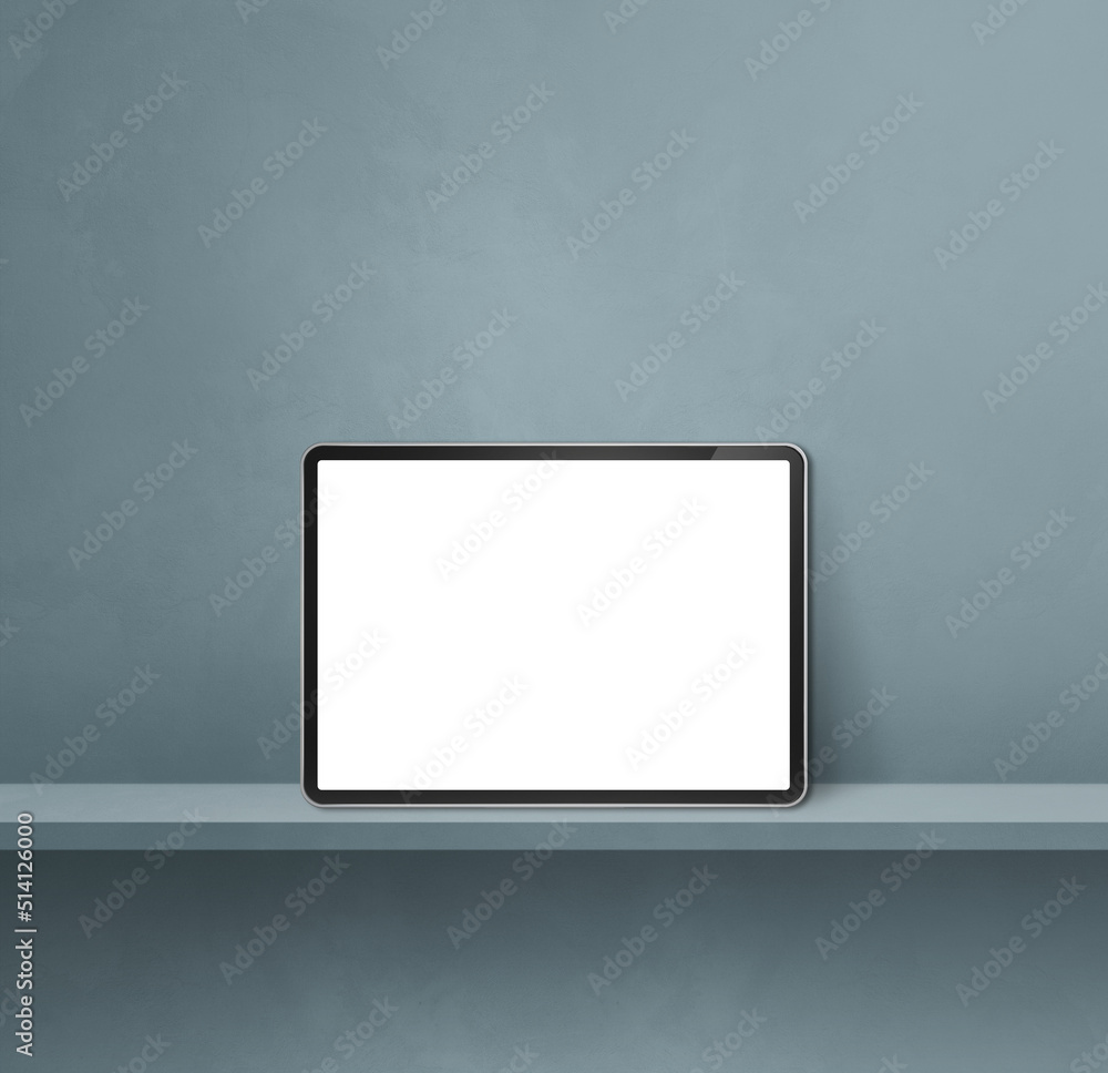 Digital tablet pc on grey wall shelf. Square background banner Digital tablet pc on grey wall shelf. Square background banner