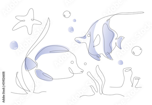 one line aquarium fish. ocean life moorish idol and Hippo Tang. outline sea fishes. cute poster illustrations.