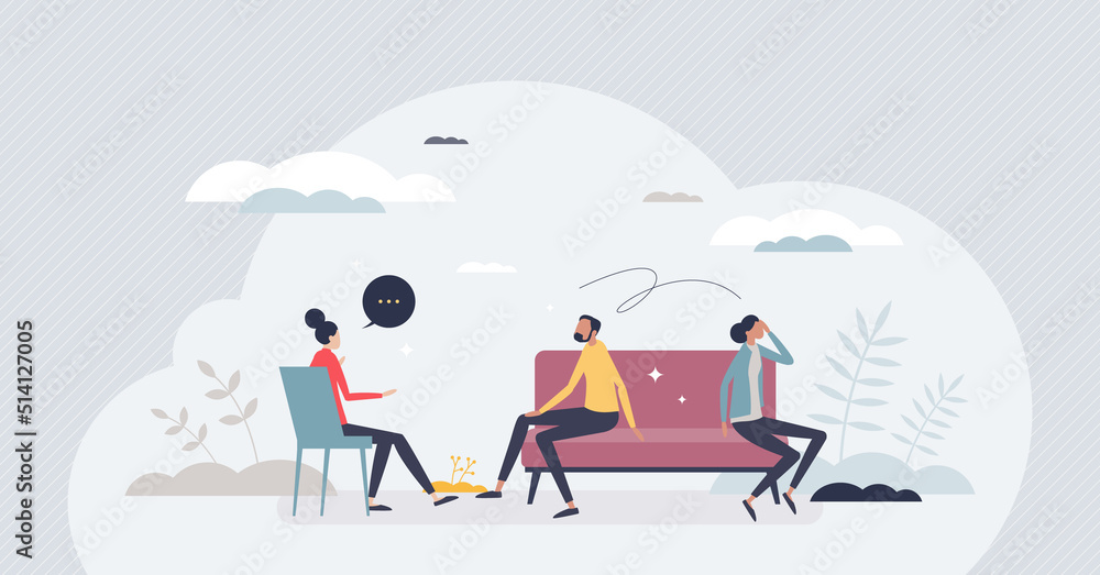 Couples therapy with therapist marriage problem session tiny person concept. Psychological mental support and help from professional specialist vector illustration. Husband and wife communication.