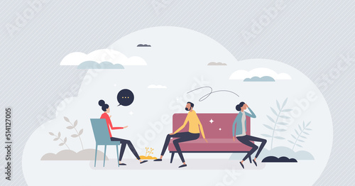 Couples therapy with therapist marriage problem session tiny person concept. Psychological mental support and help from professional specialist vector illustration. Husband and wife communication.