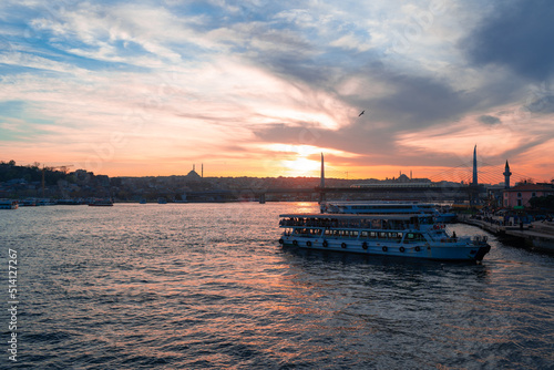 Boats in sea and scenic sunset in Istanbul © fotofabrika