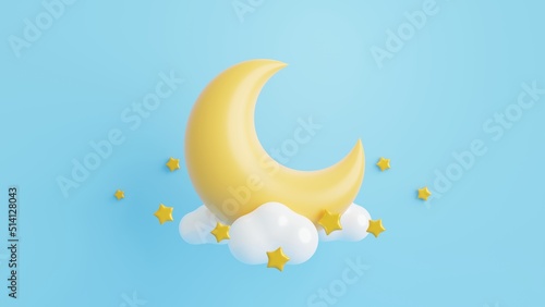 3D crescent moon, star and clouds on blue background.Abstract minimal scene with copy space.3D Rendering Illustration. photo