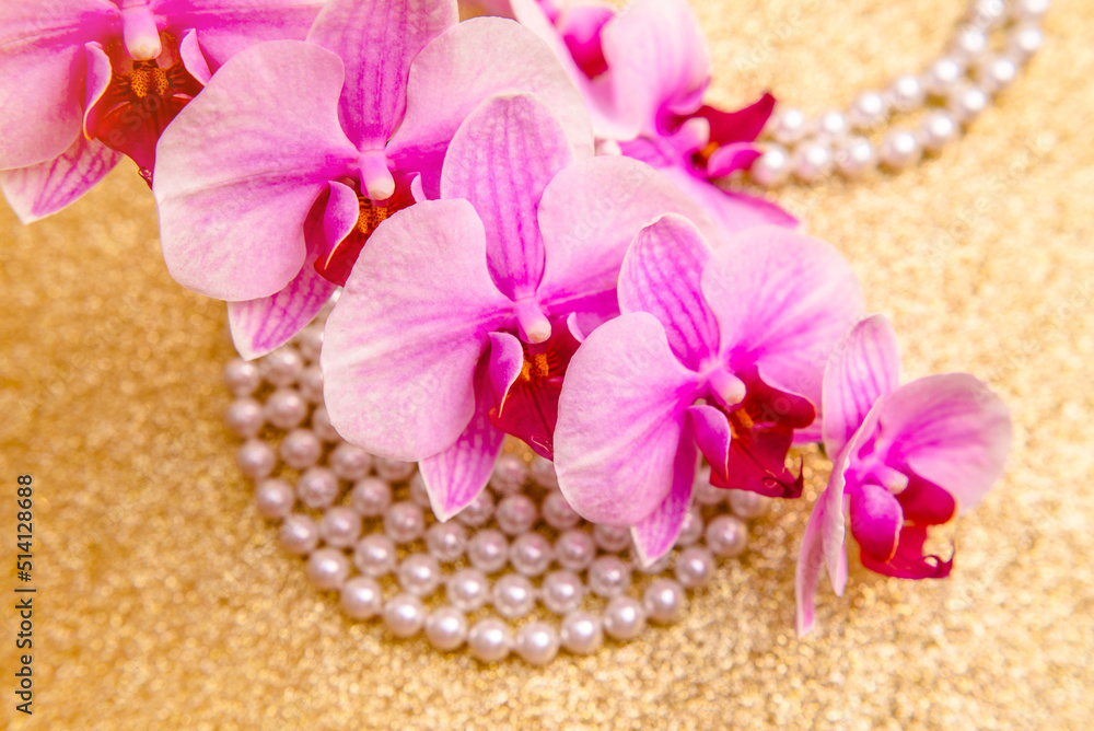 purple Orchid and pearl necklace on a shiny gold background
purple Orchid and pearl necklace on a shiny gold background