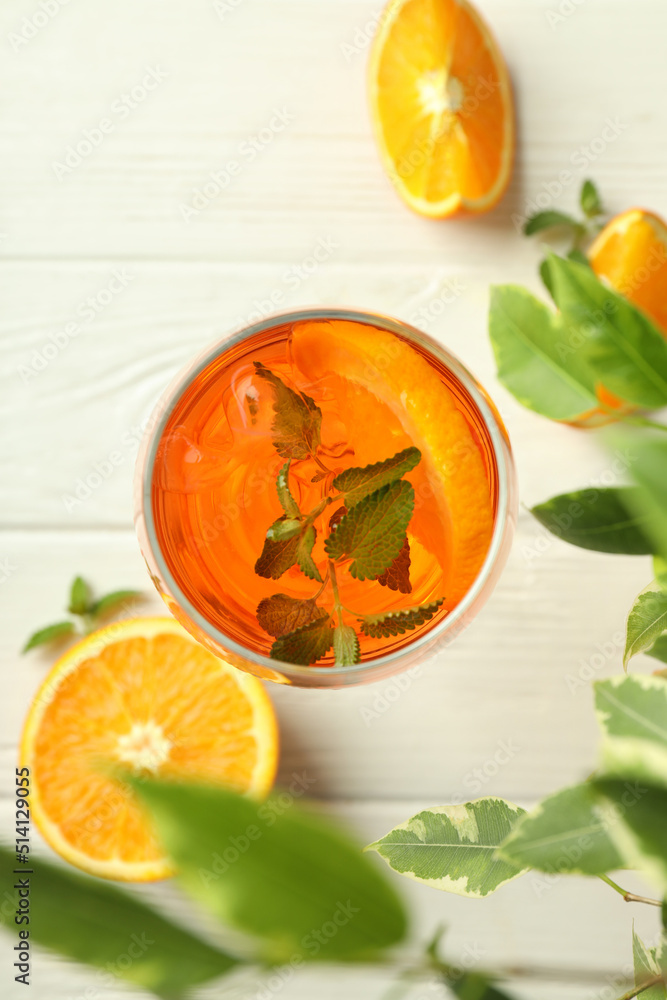 Concept of summer cocktail, Aperol Spritz, top view Concept of summer cocktail, Aperol Spritz, top view