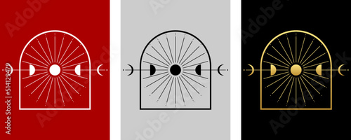 Set mysterious moon different phases or lunar phases with moonlight ray on red gray black background boho vector icon design.