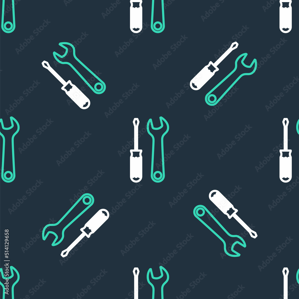 Line Screwdriver and wrench tools icon isolated seamless pattern on black background. Service tool symbol. Vector Line Screwdriver and wrench tools icon isolated seamless pattern on black background. Service tool symbol. Vector