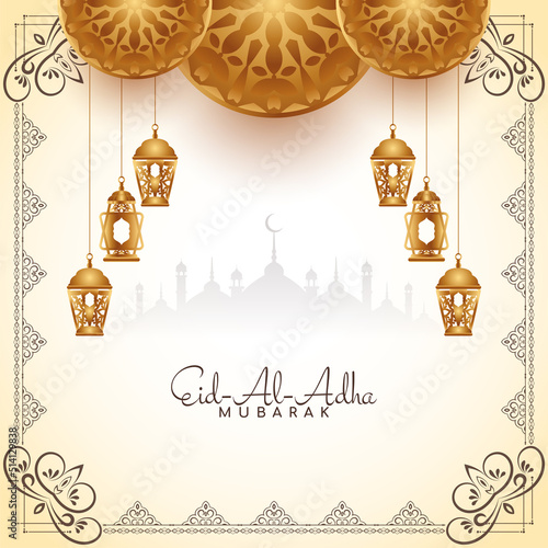 Eid Al Adha mubarak background with golden lanterns