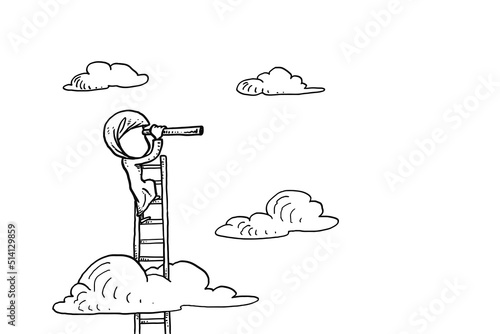 Asian muslim business woman using ladder and telescope searching new business opportunities. Line art vector illustration design