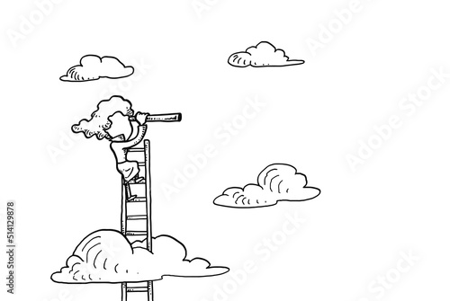 Business woman using ladder using telescope searching business opportunities. Hand drawn vector illustration design