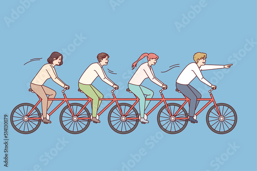 People riding one bike together. Business team on bicycle engaged in teamwork. Teambuilding and unity in office. Vector illustration. 