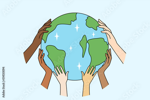 People hands holding planet Earth