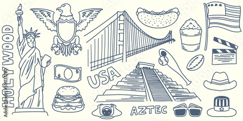 Hand drawing doodle travel elements trip to america with tourist equipment, bridge, liberty statue, eagle and american flag isolated on white background.