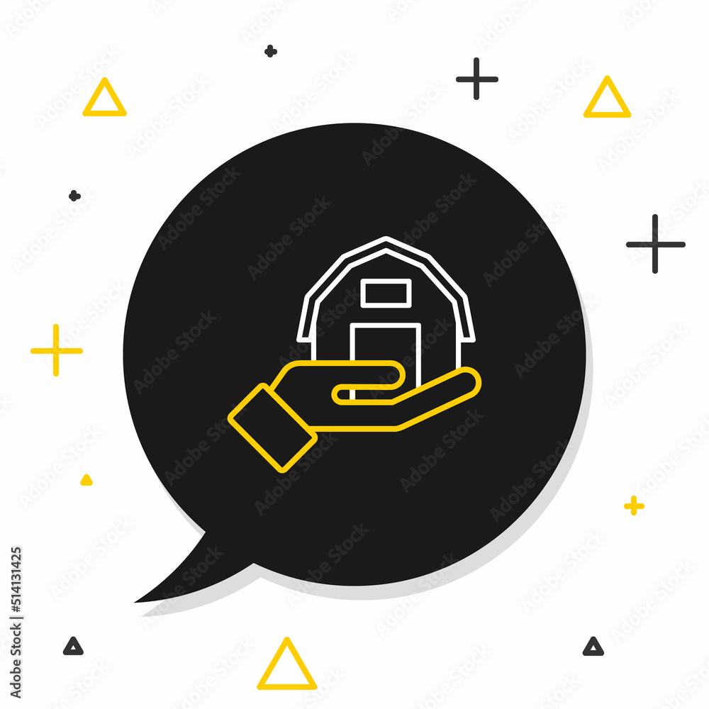 Line Farm house in hand icon isolated on white background. Colorful outline concept. Vector