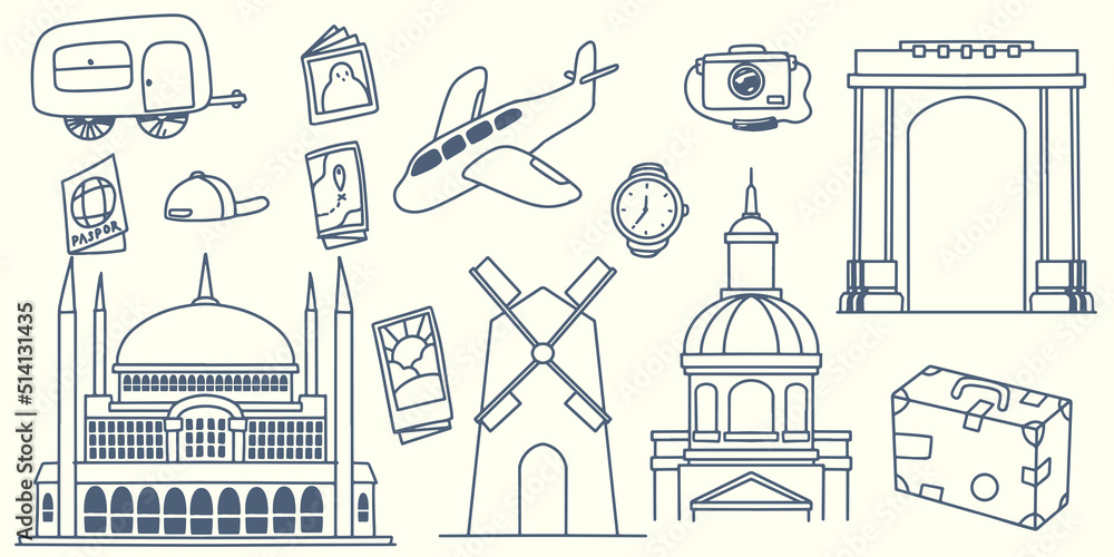 Φωτογραφία Hand drawing doodle travel elements trip to europe with tourist equipment, airplane, transportation, wind will, palace, big gate, map, camera and iconic europe landmark isolated on white background