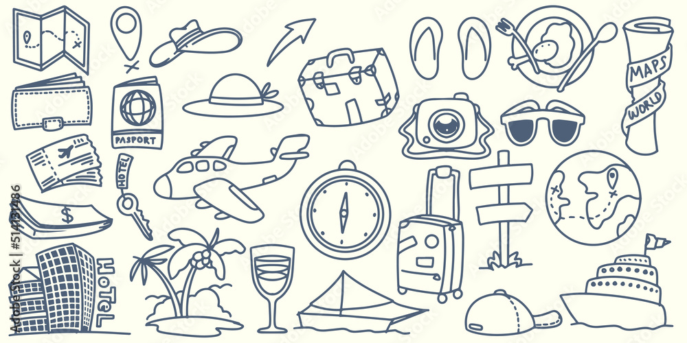 Hand drawing doodle travel elements trip to around the world with tourist equipment like map, hat, bag, clothes, camera, passport, money, ship, airplane, compass hotel on white background.