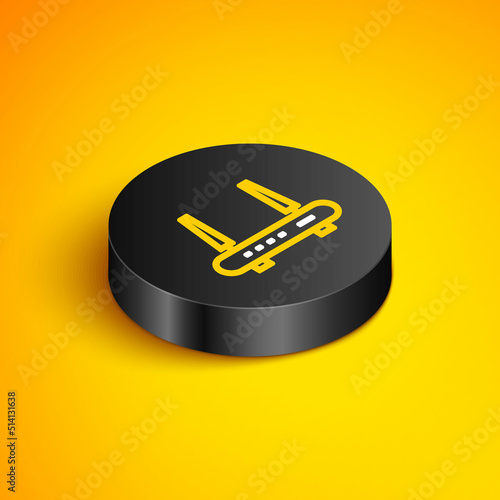 Isometric line Router and wi-fi signal icon isolated on yellow background. Wireless ethernet modem router. Computer technology internet. Black circle button. Vector