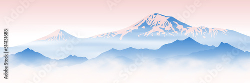 Mount Ararat rises above the clouds, dawn light, panoramic view. Vector illustration.