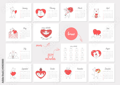 All You Need Is Love. Calendar 2023 template. Monthly calendar 2023 with cute white cats in love. Bonus - 2024 calendar. Vector illustration 10 EPS. photo