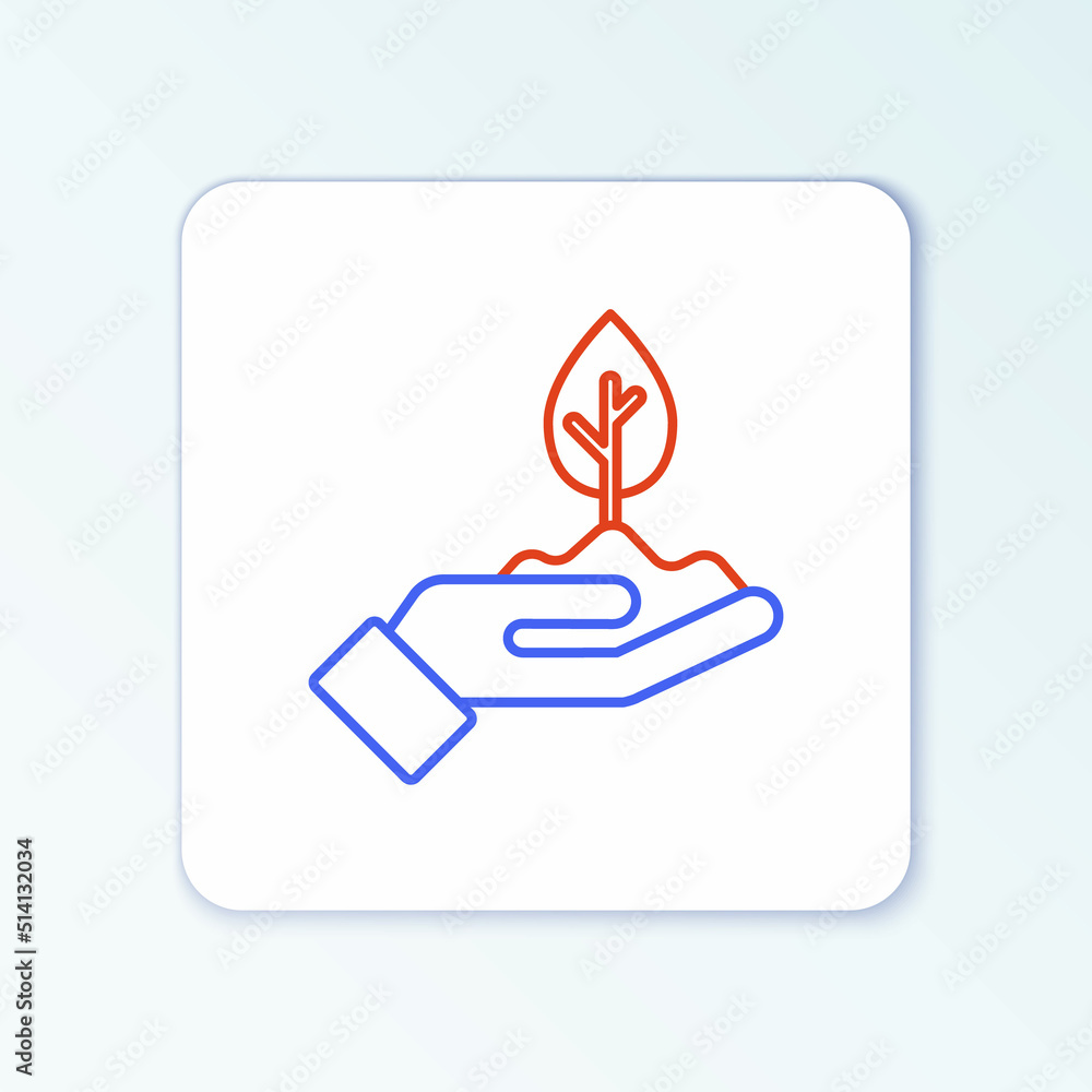 Line Plant in hand of environmental protection icon isolated on white background. Seed and seedling. Planting sapling. Colorful outline concept. Vector Line Plant in hand of environmental protection icon isolated on white background. Seed and seedling. Planting sapling. Colorful outline concept. Vector