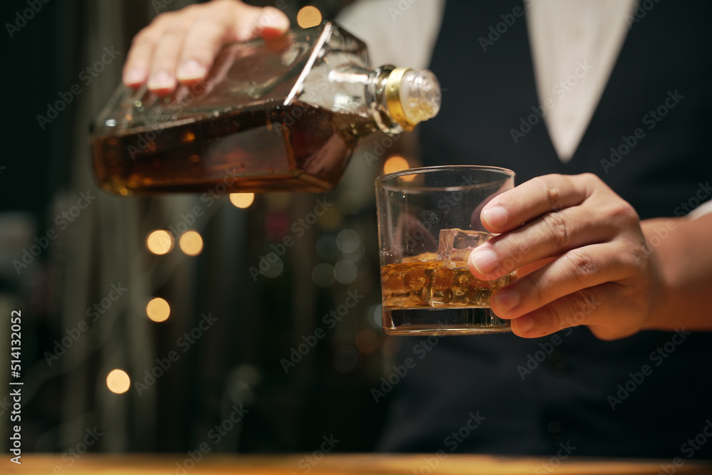Barman pouring whiskey whiskey glass beautiful night Barman pouring whiskey whiskey glass beautiful night