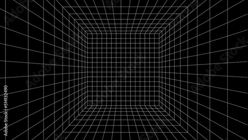 Fototapeta Naklejka Na Ścianę i Meble -  Futuristic digital grid box white-black background. Wireframe room network abstract technology line. 3d perspective. Vector illustration.