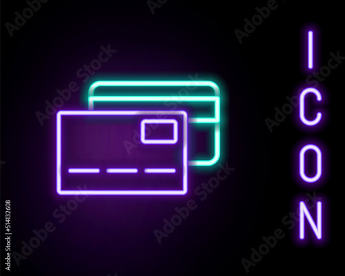 Glowing neon line Credit card icon isolated on black background. Online payment. Cash withdrawal. Financial operations. Shopping sign. Colorful outline concept. Vector